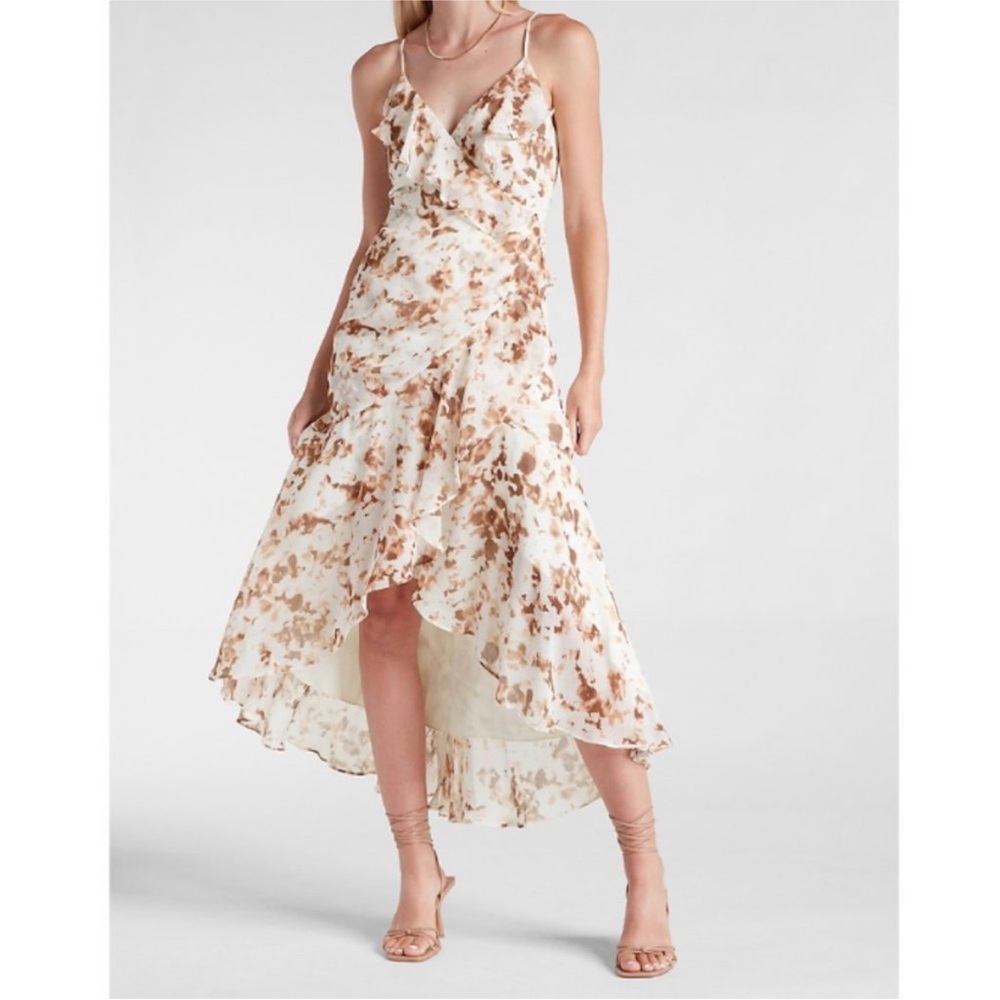 Express Ruffle  Cream and Brown Women's Dress High-Low Maxi Size Large